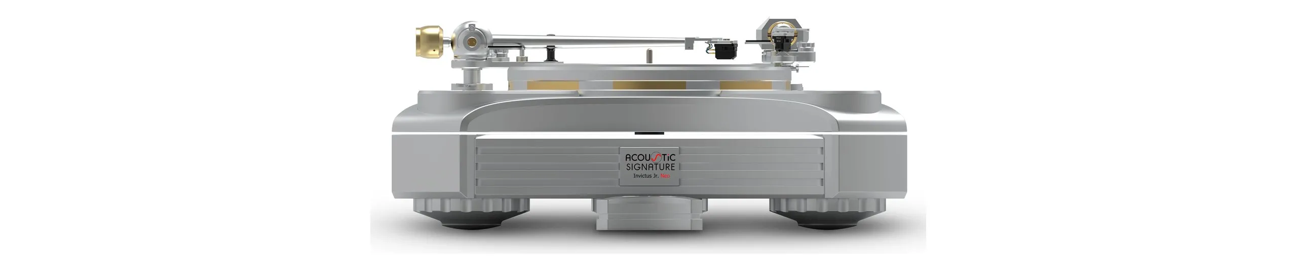 An Invictus Jr NEO turntable in silver from the front, its tonearm across the platter, on white