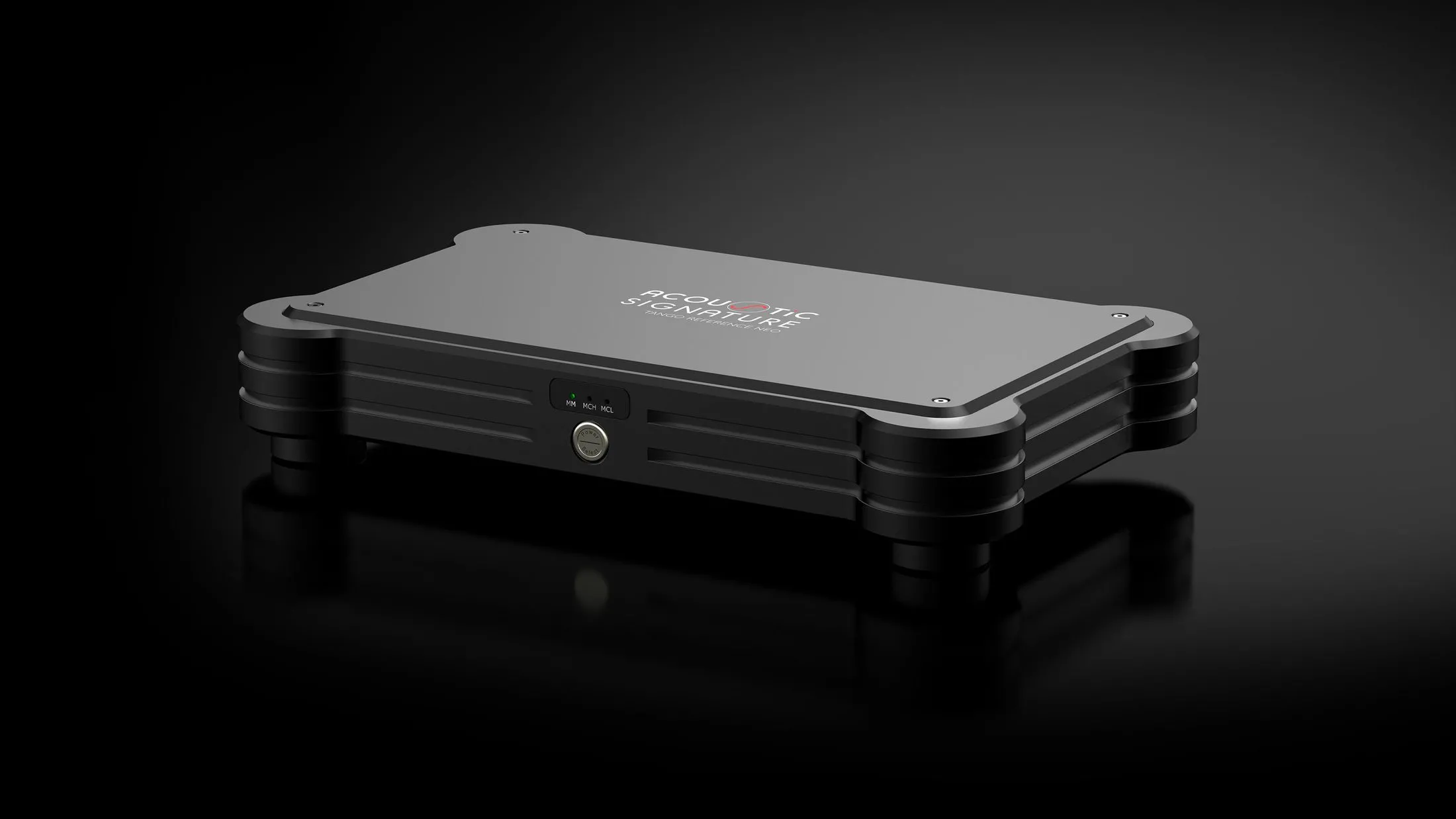 A Tango Reference NEO phono preamplifier in black, seen from above on black