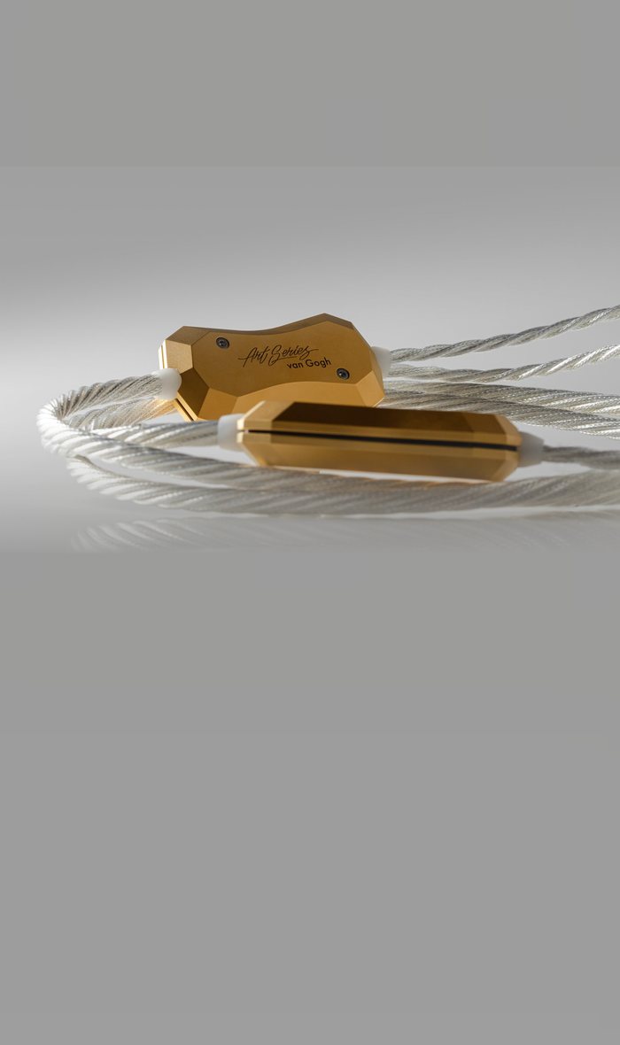 An Art Series Van Gogh speaker cable coiled on grey, its gold barrel signed