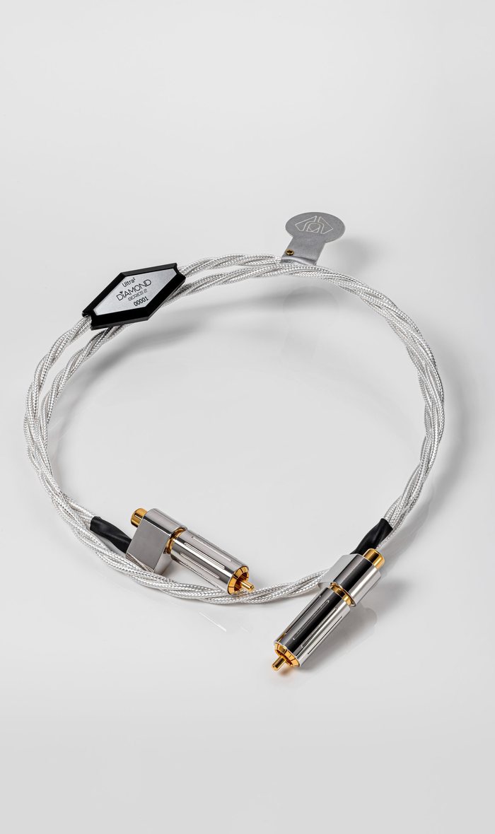 A Diamond Series 2 Ultra interconnect coiled on white, its plugs at the front