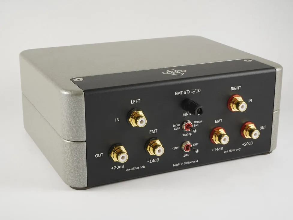 An EMT STX 5/10 step-up transformer in hammered grey, its black back panel of gold and red sockets towards the camera