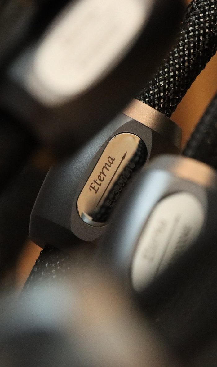 The Eterna badge on a black braided cable