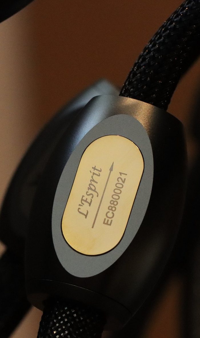 The gold L'Esprit badge on a black braided cable