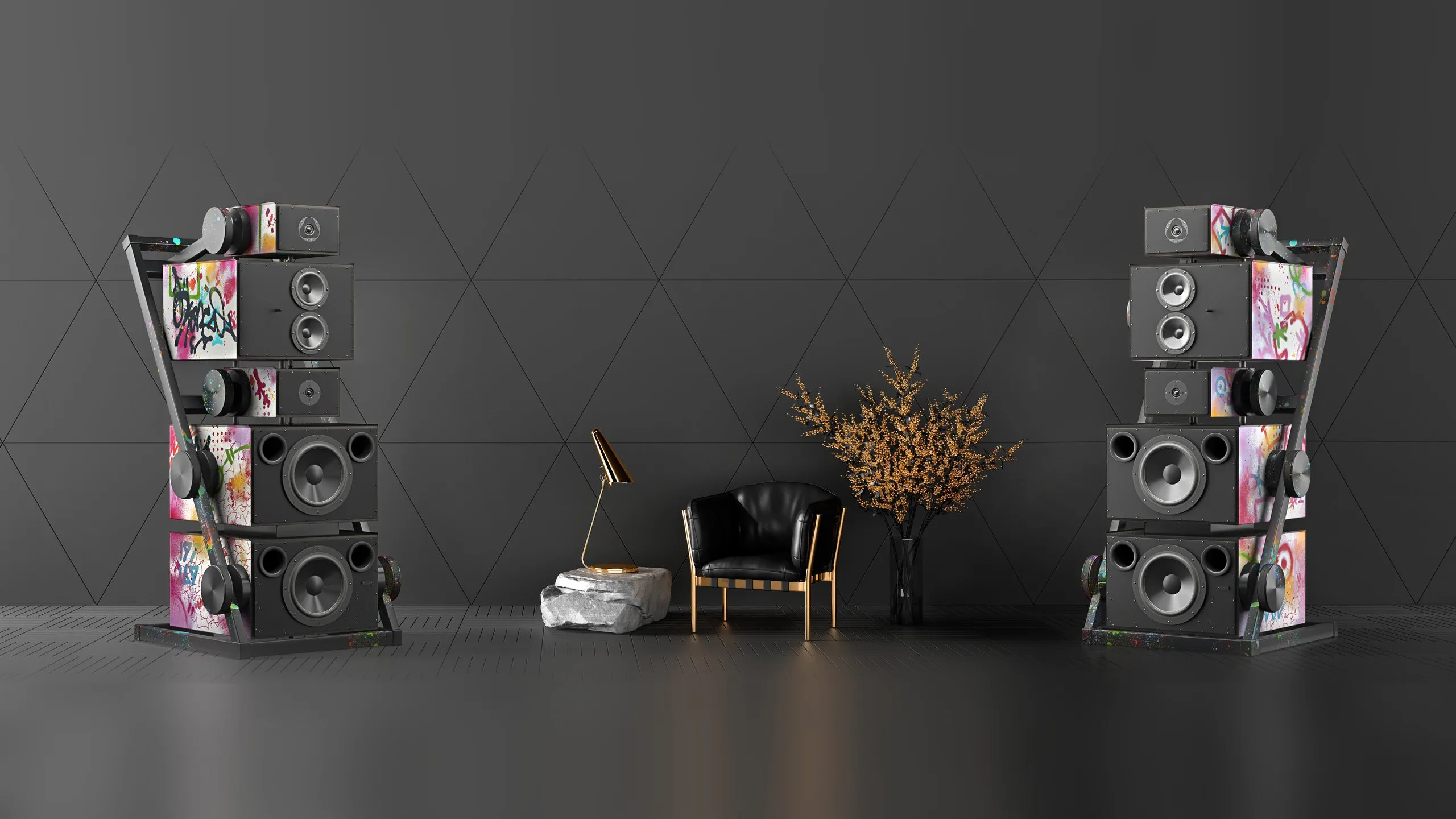 A pair of Apologue loudspeakers in white leather hand-painted with graffiti, either side of a black armchair against a dark panelled wall