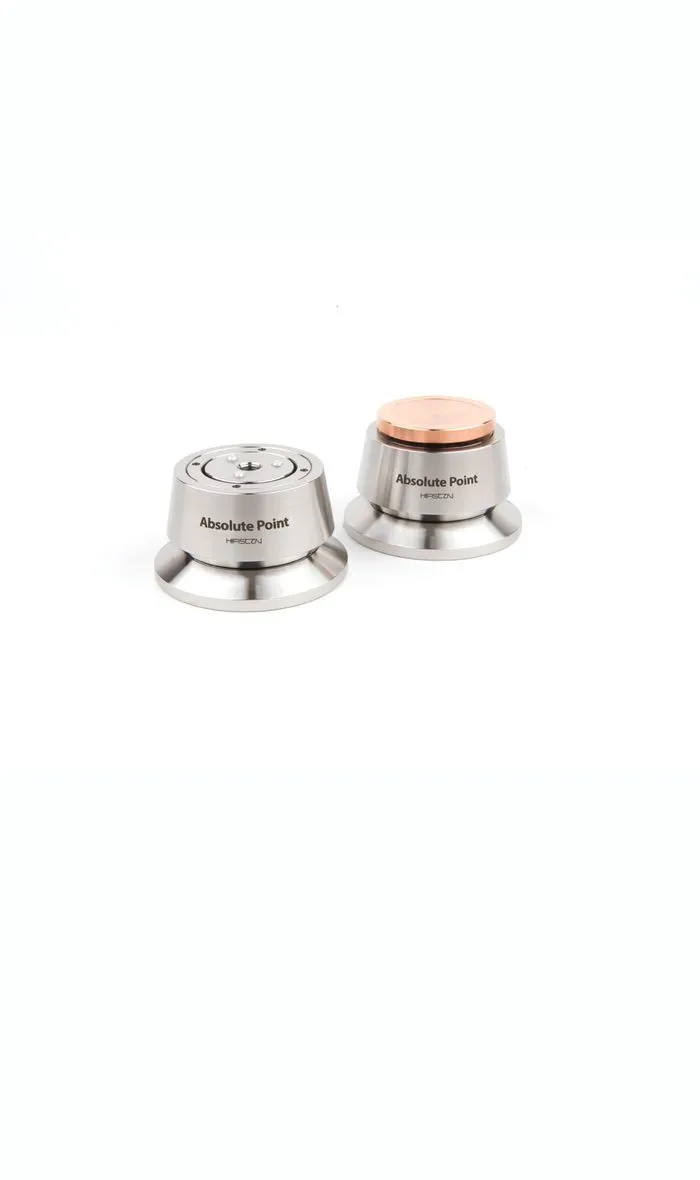 Two Absolute Point feet in stainless steel on white, one with a copper cap
