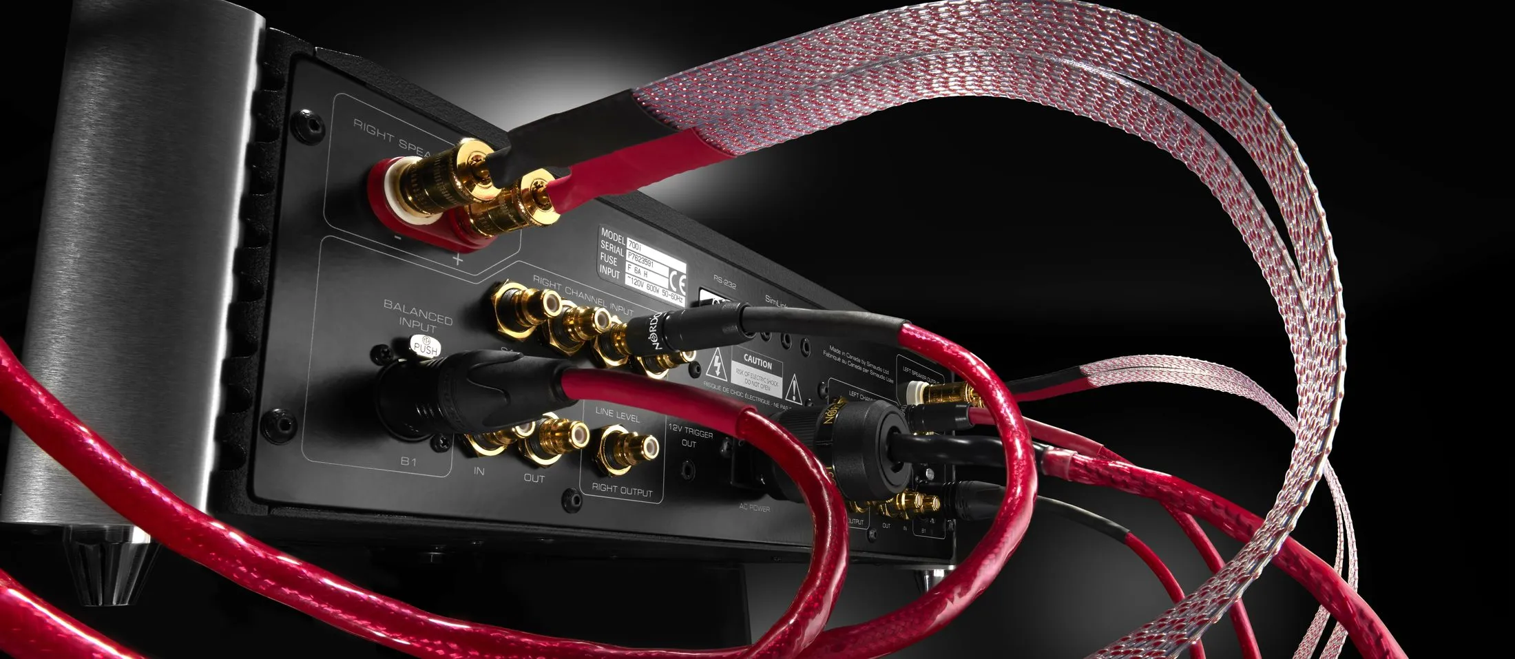 Red Heimdall 2 cables running into the back of an amplifier