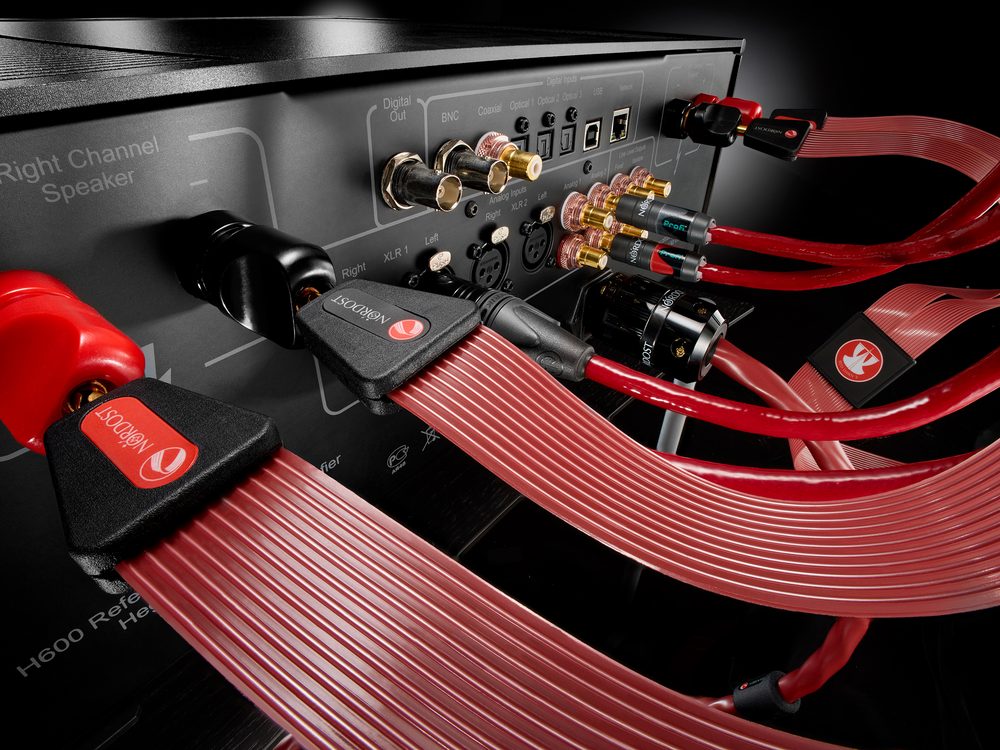 Red Dawn 3 speaker cables at the terminals of an amplifier