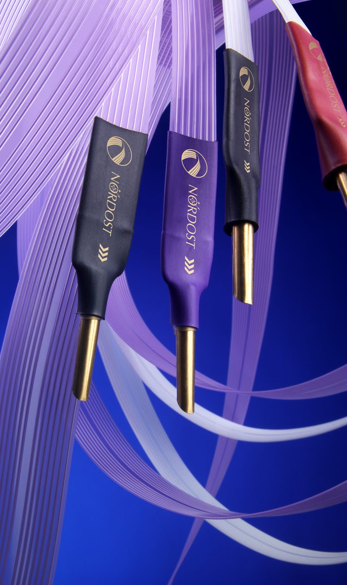A Purple Flare speaker cable with its banana plugs