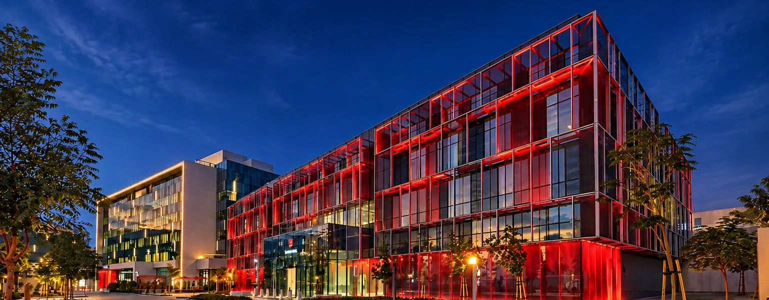 The Radisson RED Dubai Silicon Oasis at dusk, its facade lit red