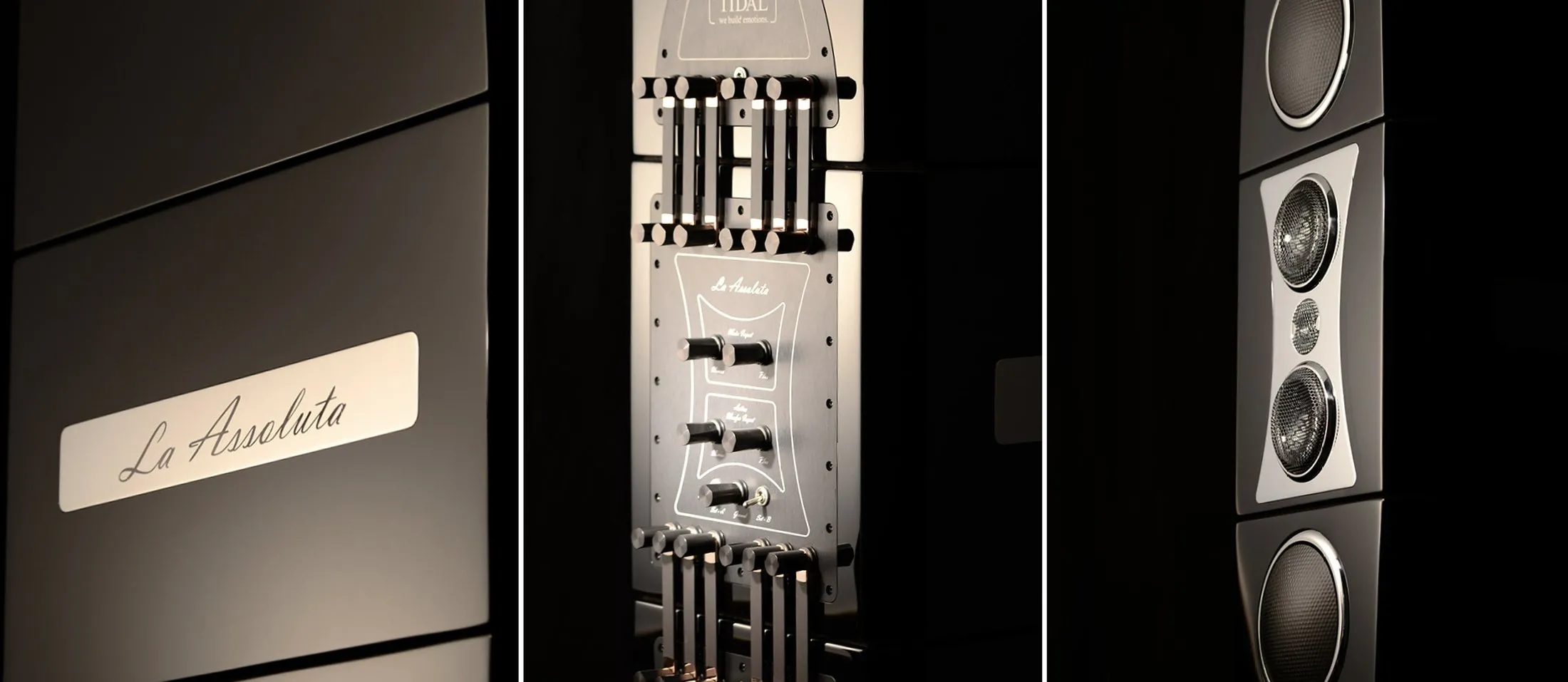 Three details of a Tidal La Assoluta: the nameplate, the control panel and the drivers