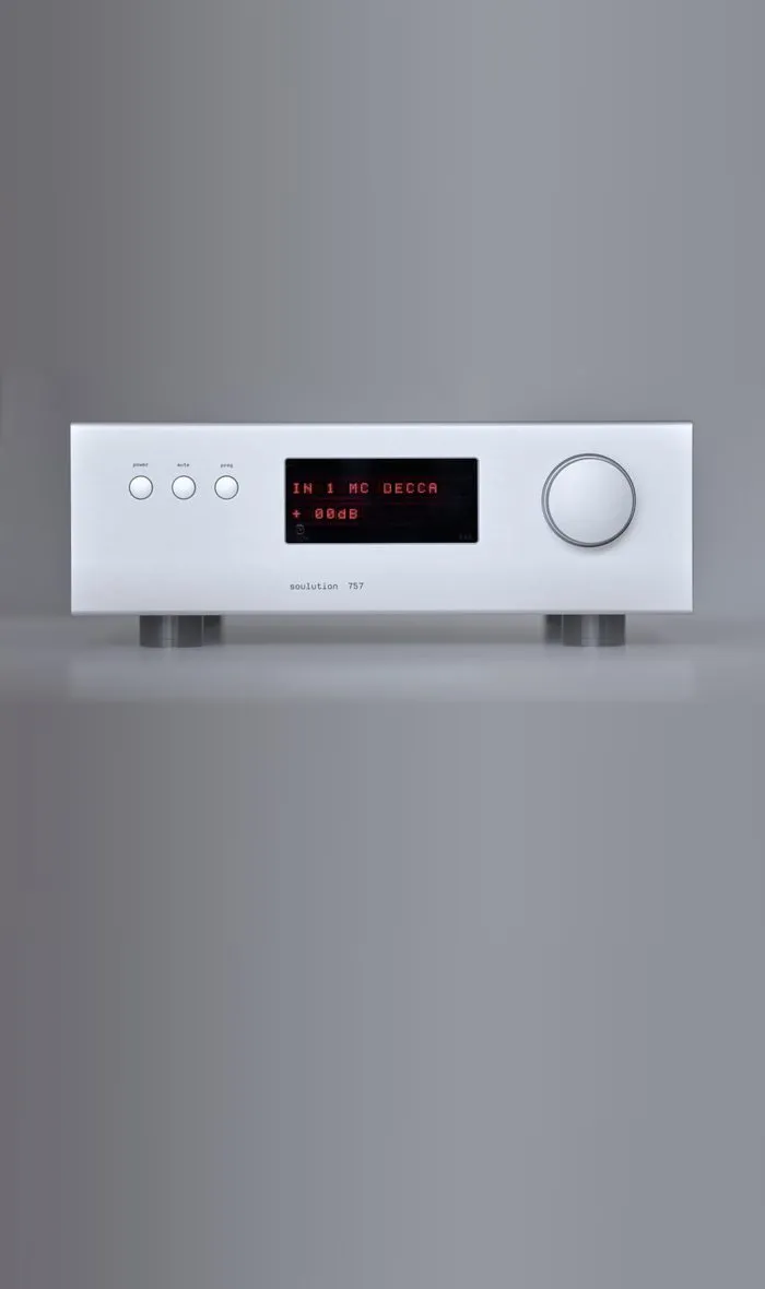 A soulution 757 preamplifier in silver on a grey ground