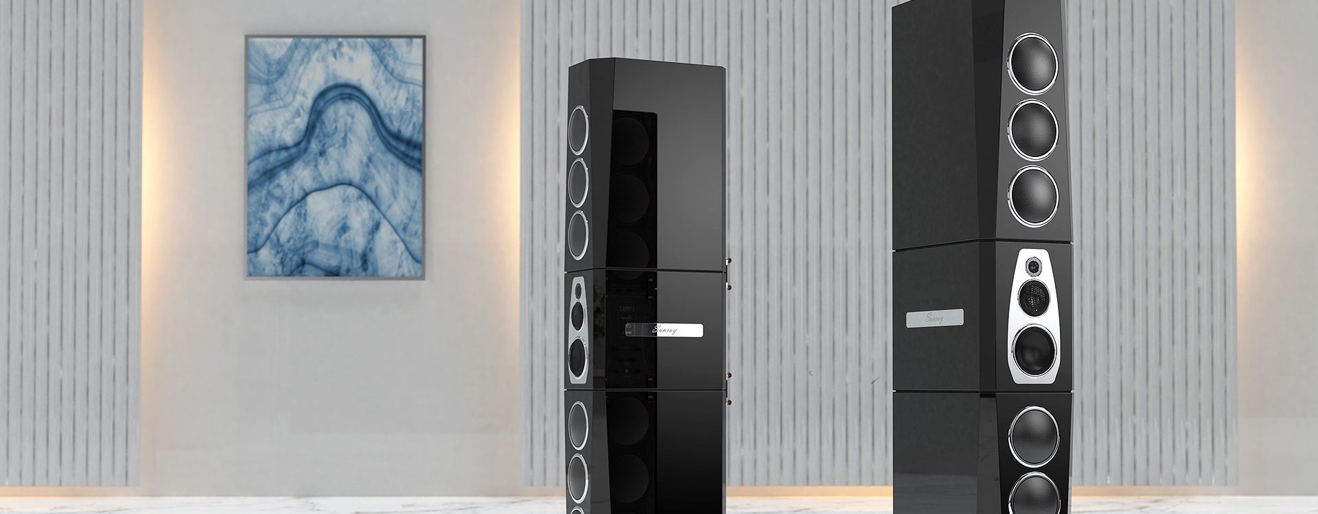 A pair of Sunray G3 loudspeakers in black lacquer on a marble floor, a blue painting between them