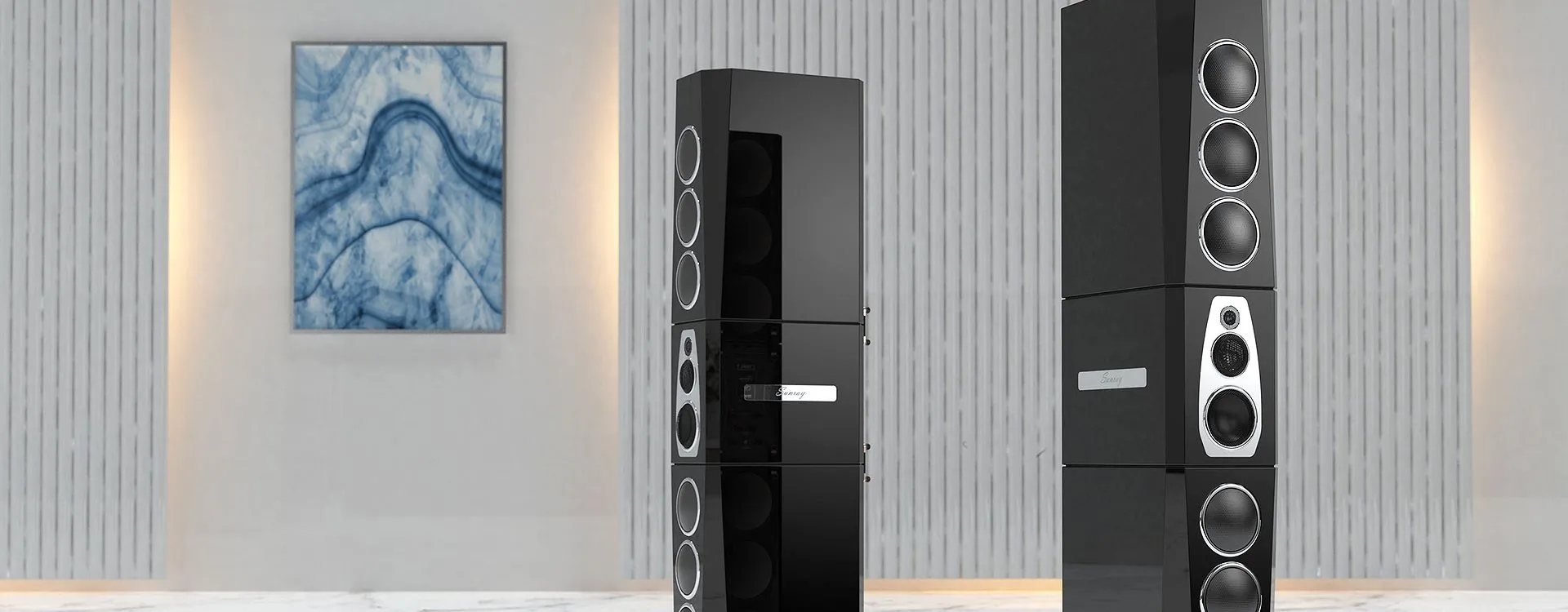 A pair of Sunray G3 loudspeakers in black lacquer on a marble floor, a blue painting between them