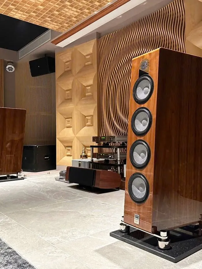 A complete system installed in a showroom, loudspeakers and electronics together