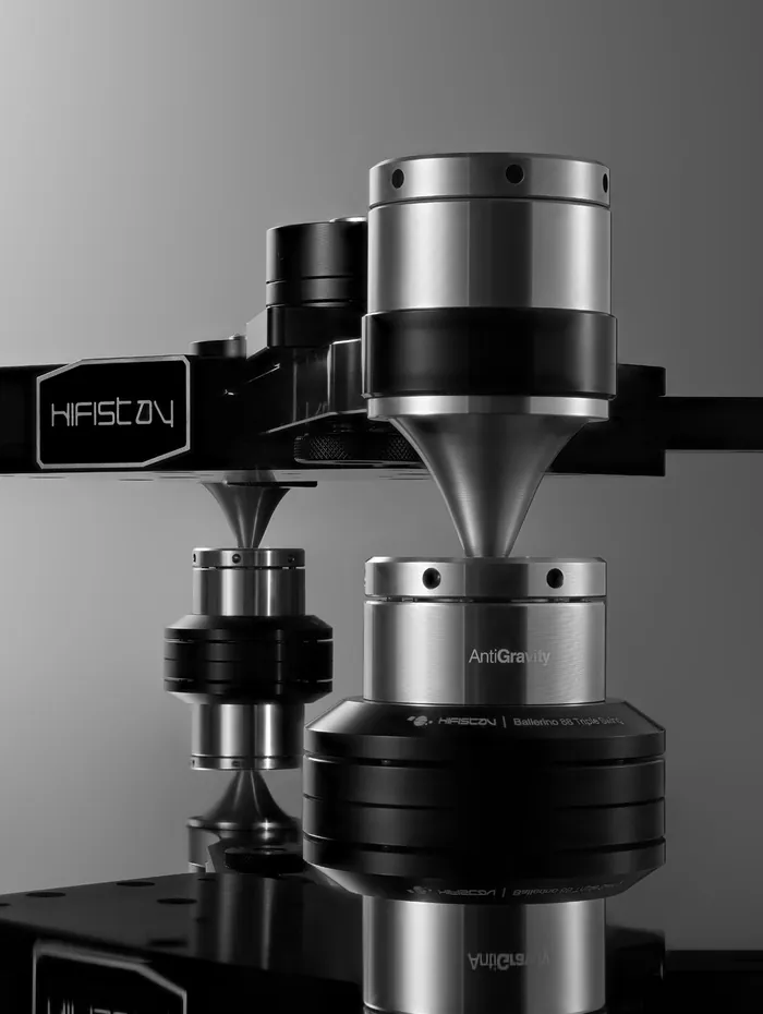The spike and bearing of a HifiStay rack column, machined in steel