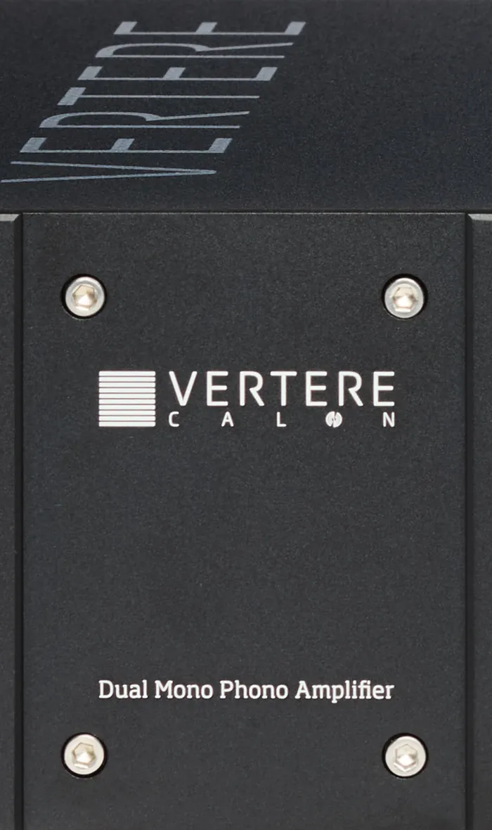 The front plate of a Vertere CALON in black, its name above the words Dual Mono Phono Amplifier