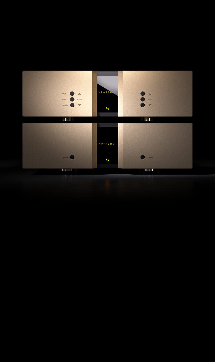 An MP-P201 preamplifier in orange, from the front, on black