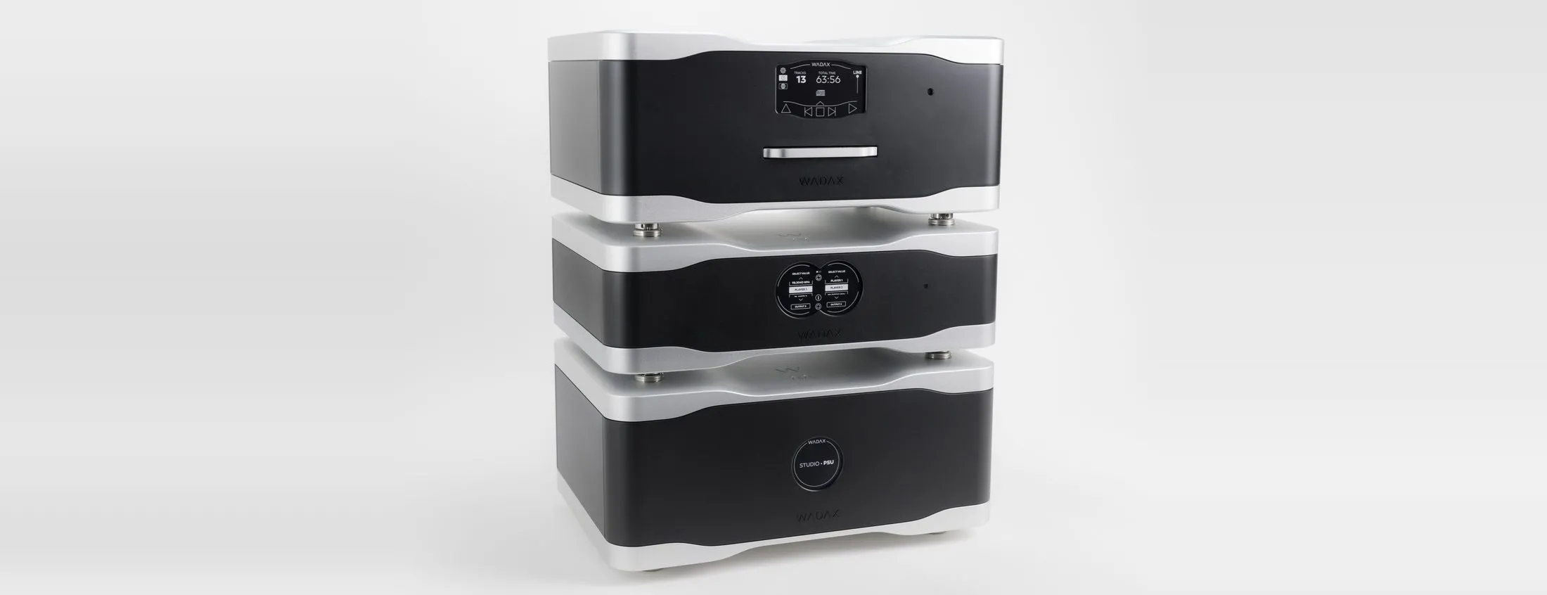 Three WADAX Studio components stacked: the Studio Player, the Studio Clock and the Studio PSU